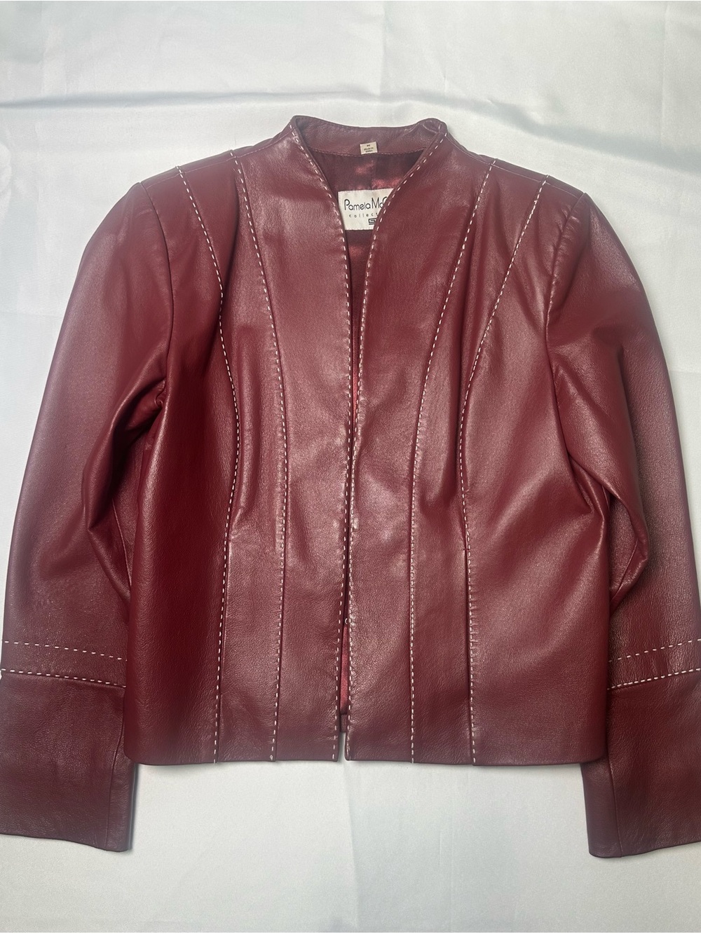 Pamela McCoy Burgundy Leather Collarless Jacket Size M - Picture 3 of 10